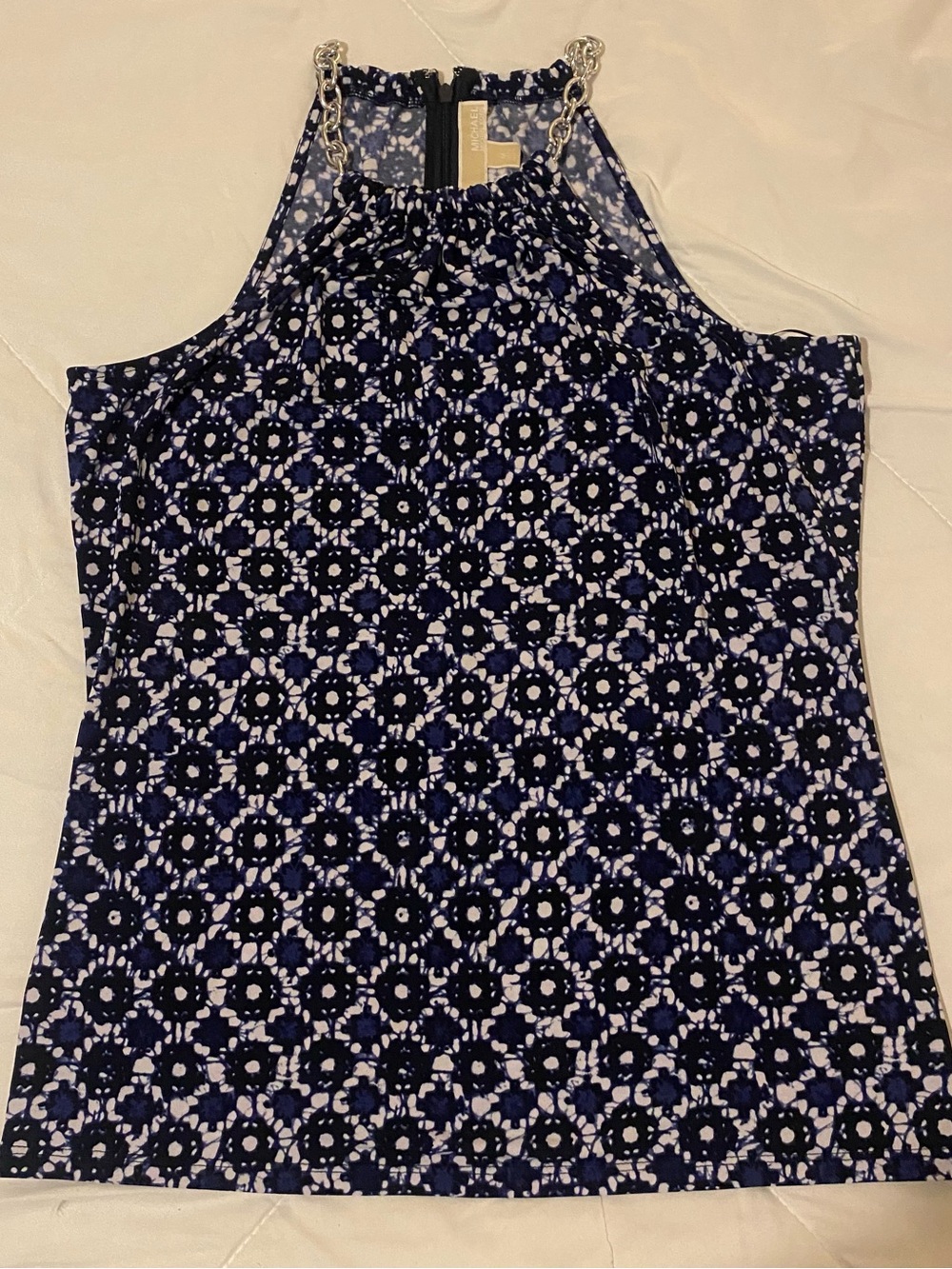 Michael Kors Navy and White Floral Halter Tank with Chain Straps